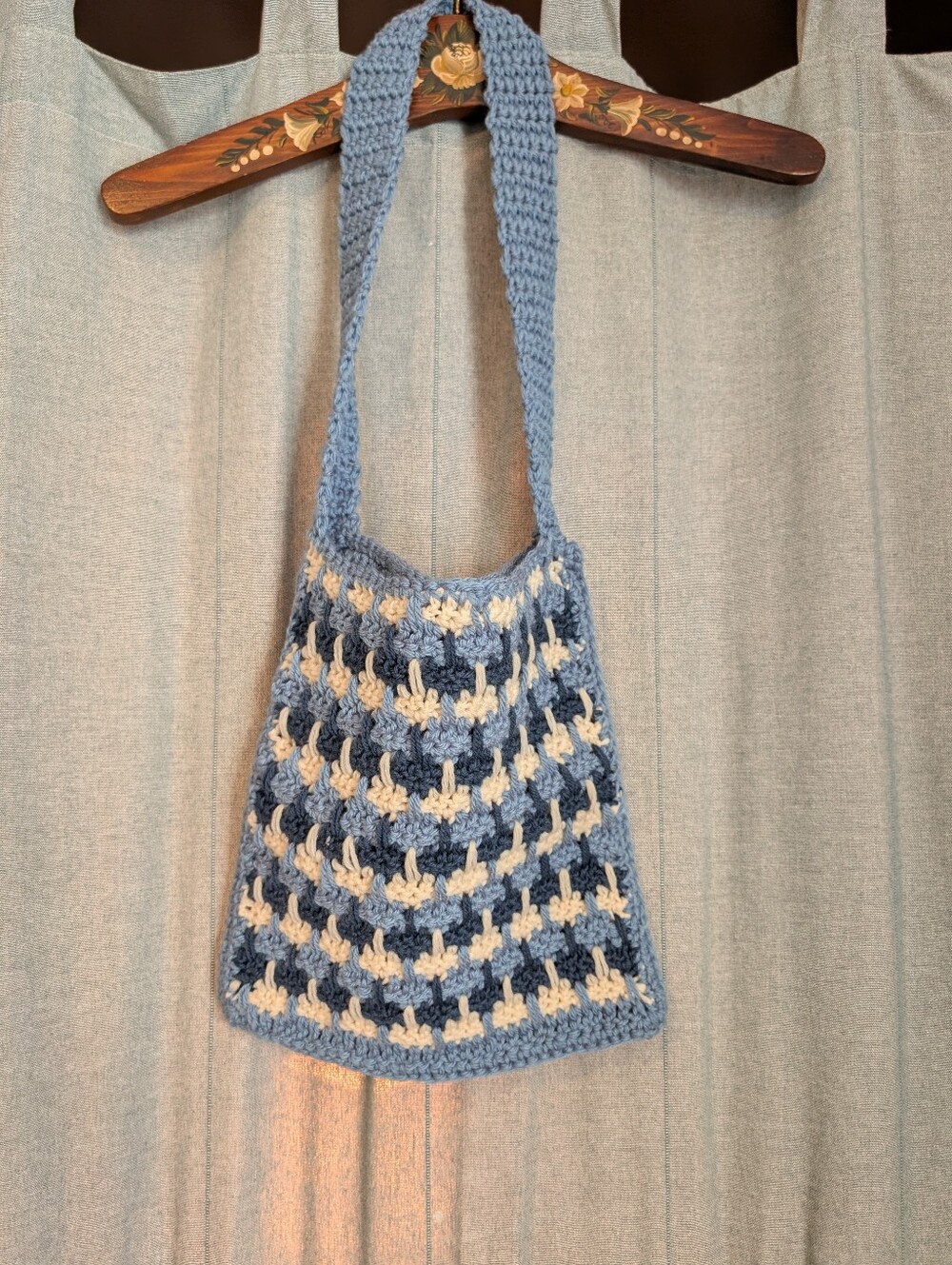 Handmade Blue and Cream Crochet Shoulder Bag